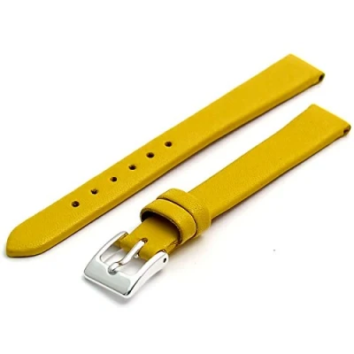 Image of Fine Calf Leather Watch Strap Band 14mm Yellow with Chrome (Silver Colour) Buckle. Free Spring Bars (Watch Pins)
