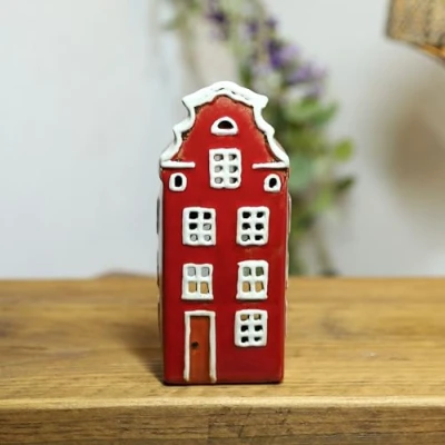 Image of Red Ceramic House Tealight Candle Holder Village Pottery Cottage Xmas Festive Shelfsitter Gift