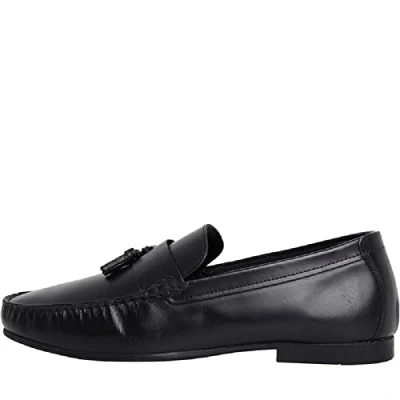 Image of Thomas Crick Men&#039;s &#039;Elvaston&#039; Slip on Leather Shoes with Twin Tassles, Classy, Comfortable, Durable and Fashionable, Premium Casual (Black/Tan)