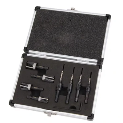 Image of PTI Matching Plug Cutter and Countersink 8 Piece Set 6,8,10,12mm Aluminium Case, Drill Bits for wood working, cutter, hinge, dowel, carpentry, DIY