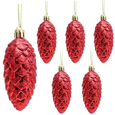 Image of Christmas Concepts® Pack of 6 90mm Pine Cone Baubles Shiny and Glitter Decorated Luxury Decorations (Red)