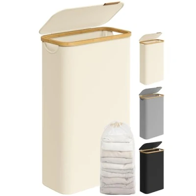 Image of SONGMICS Laundry Basket with Lid, Slim Hamper, 65L, Space Saving, Removable Mesh Liner, Oxford Fabric, Bamboo Handles, Collapsible, 42 x 22.5 70.5 cm, Cream White LCB506W01