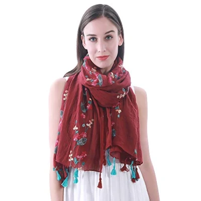 Image of Lina &amp; Lily Embroidered Floral Tassel Scarf Shawl Lightweight (Dark Red)