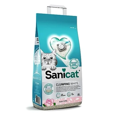 Image of Sanicat White Clumping Cat Litter Rose Petal Scent Made from natural minerals with odor control Absorbs moisture and easy to clean 8 L capacity.