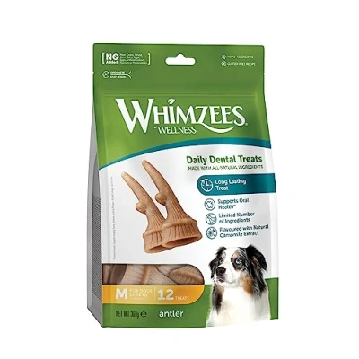 Image of WHIMZEES Antler, Occupying Dental Treat with Calming Effects for Medium Dogs (12 18kg), All Natural, Grain Free, 12 pieces