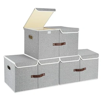 Image of TYEERS Extra Large Storage Box with Lids and Compartments, Collapsible, Washable, Fabric Lid for Clothes, Wardrobe Storage, 55x33x30 cm, Set of 3, Grey