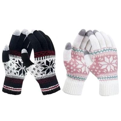 Image of XNIVUIS 2 Pairs Touch Screen Gloves Women, Snow Flower Printing Keep Warm for Women and Men, Knitted Thermal Gloves, Ladies Outdoor Phone Running Texting, One Size (White, Black)
