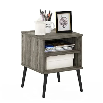 Image of Furinno Claude Mid Century Style End Table with Wood Legs, French Oak Grey