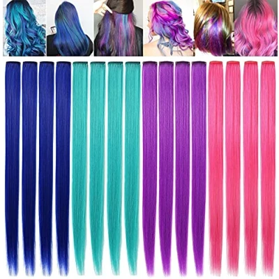 Image of ZHAOWWEI 12PCS Princess Colored Extensions Multi Colors Party Highlights Streak Synthetic Hairpieces Clip In/Clip On Hair (Blue Purple Teal Pink)