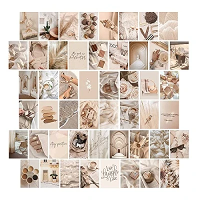 Image of WOONKIT Beige Wall Collage Kit Aesthetic Pictures, Room Decor Aesthetic, for Teen Girls, Photo Bedroom Trendy Teen, 50PCS 4X6 IN