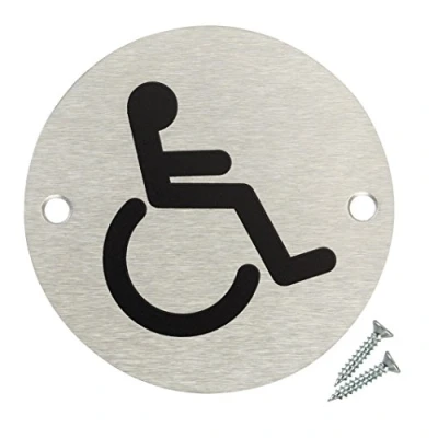 Image of Fire Door Guru® Disabled Toilet Sign 76mm Disc Stainless Steel Safety Fixings Included