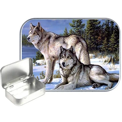Image of TEEZ Wolf Portrait 30ml Small Silver Hinged Tin, Pill 1oz Tobacco Tin