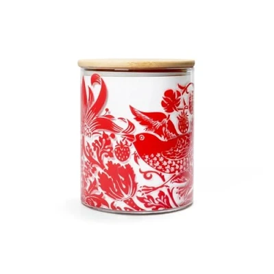 Image of Half Moon Bay Strawberry Thief by William Morris Raspberry Red 25 Ounce Glass Food Storage Jar Container with Compressed Bamboo Lid