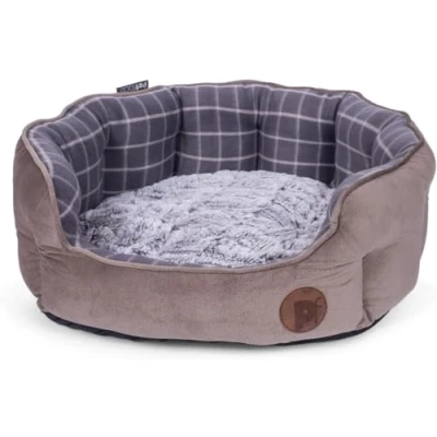 Image of Petface Check and Bamboo Oval Dog or Cat Bed, Large, Grey