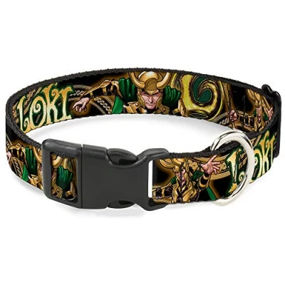 Image of Buckle Down Plastic Clip Collar LOKI Poses Black/Gold/Green