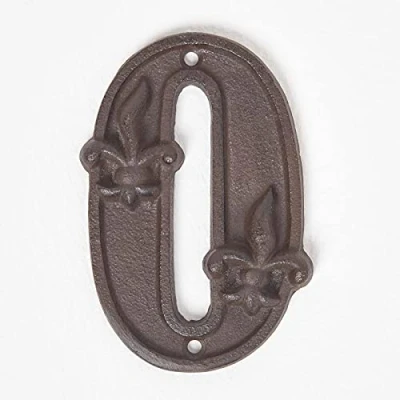 Image of HOMESCAPES Cast Iron Door Number 0 Decorative Antique Brown Finish House with Fleur De Lis Traditional Hand Design H 11.8 x W 8 cm