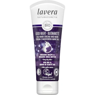 Image of lavera Good Night 2in1 Hand Cream and Mask natural cosmetics vegan certified organic grape &amp; shea butter 75ml, white