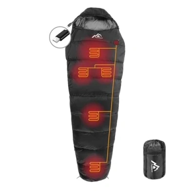 Image of MANTUOLE Heated Sleeping Bag 5 Heating Zones,Operated with Battery Power Bank or Other USB Supplies Type C Output, Portable Compact Bag, Mummy Style Black.Type C.