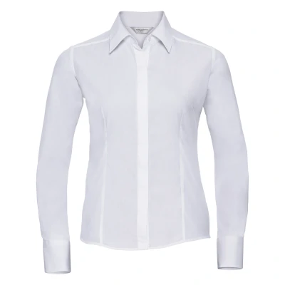 Image of Russell Athletic Collection Womens/Ladies Poplin Easy Care Fitted Long Sleeved Shirt (White) Size Large