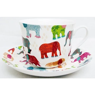 Image of Fromeuropewithlove Elephants Breakfast Cup &amp; Saucer Fine Bone China Patched Multicolour Large Hand Decorated in the UK