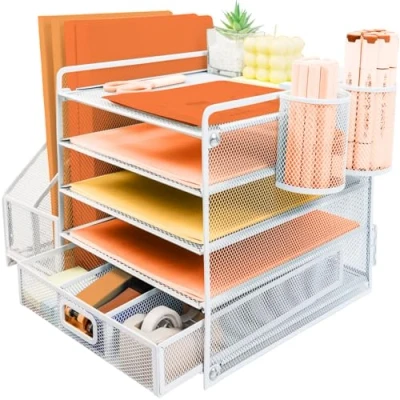 Image of PLSOPPKG 5 Tier Paper Letter Tray with File Holder, Metal Mesh Desk Organiser Drawer and Pen Multifunctional Magazine Document Holder for Office，White