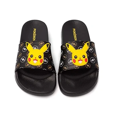 Image of Pokemon Sliders For Boys Kids Pikachu Face Sandals Beach Shower Shoes Childrens Pokeball Black Summer Footwear Game Merchandise Gift UK Child 13