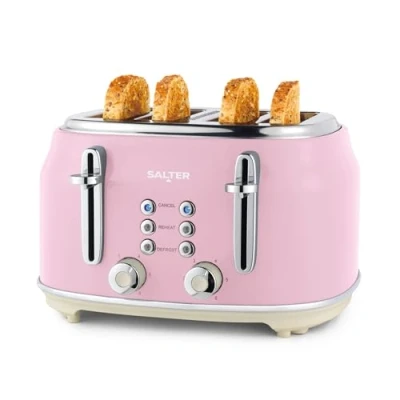 Image of Salter EK5739PNK Retro 4 Slice Toaster &quot;Wide Slots, 6 Browning Levels, Defrost, Reheat, Cancel Functions, Removable Crumb Tray, Extra Thick Bread/Bagels, High Lift Eject, Self Centring, 1630W, Pink
