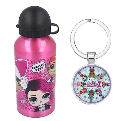 Image of OM SUPPLIES LOL Characters Aluminium Sports Bottle 400ml Holiday, Back to School Water Drinking Kids Lunch Children Includes Keychain