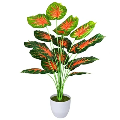 Image of AIVORIUY Artificial Areca Palm Plant Fake Tropical Tree Potted Monstera, Large Faux Silk Plants in Pot for Indoor Outdoor House Home Office Garden Modern Decoration (77cm Red Green)