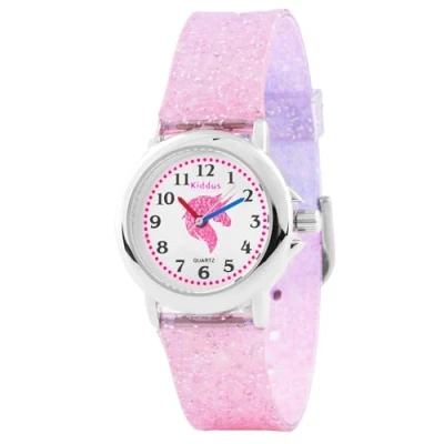 Image of Kiddus. Girl Watch. with Glitter. Kids Watch for Girls. Exercises to Learn The Time. Watches Easy Read. Sparkly. from 4+ Years. Unicorn, Gradient Pink Purple.