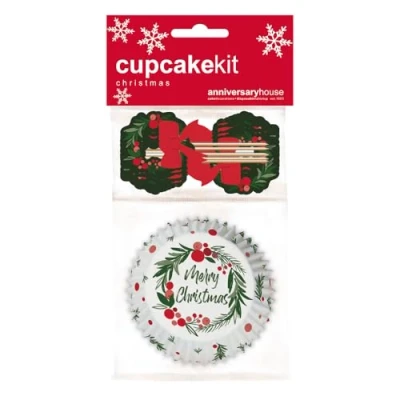 Image of Anniversary House 28 pcs Christmas Cupcake Kit, Wreath Decoration Set, Premium Muffin Kit for Festive Baking, 16 Cup Cake Cases and 12 Toppers Decorations, J231