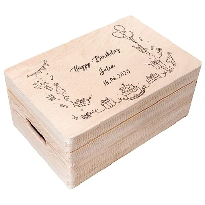 Image of Creative Deco Personalised Birthday Gift Gifts for Women, Men, Girls or Boys Unique Wish Text Custom Box Customised Wooden Storage with Hinged Lid Perfect as a Keepsake Decoration