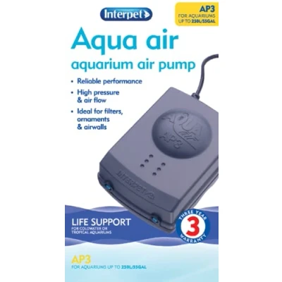 Image of Interpet Aqua Air Oxygen Pump for Aquarium Fish Tank Aeration, Quiet, Powerful, 2 Outlets, AP3 Aquariums 101 150 Litre