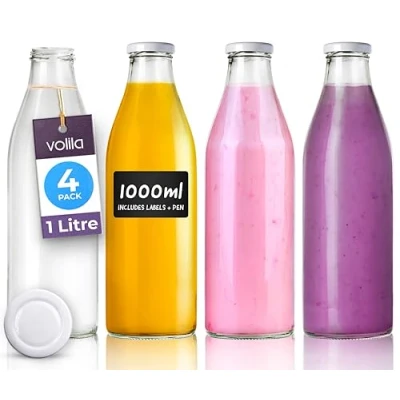 Image of Glass Milk Bottles with Lids 1L 4 Pack Reusable Bottle for Beverages, Sauces, Storage Container and Decor Leakproof Lids, Labels Pen (White Lid)