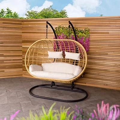 Image of CHARLES BENTLEY Double Hanging Swing Chair Seat, Natural Egg Bench, Seating, Outdoor And Indoor, PE Rattan Weave, Hammock, With Stand, Washable Cushions, Adjustable Head Rest (127x167x196cm)