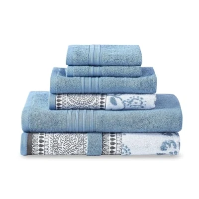 Image of Modern Threads 6 Piece Set, 2 Bath Towels, Hand Washcloths Yarn Dyed Jacquard/Solid Towel Set Ophelia Blue