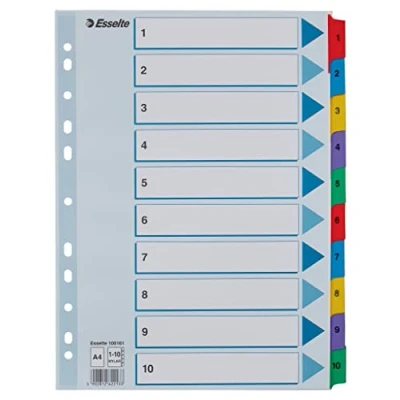 Image of Esselte 100161 A4 1 10 Index, Heavy Duty Cardboard with Mylar Reinforced Tabs, Blue/Multicolour