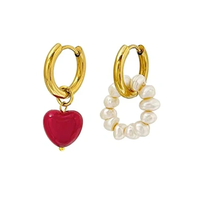 Image of STANG Romantic Elegant Red Heart Acrylic Hoop Earring Freshwater Pearl Huggie Earrings for Women Statement Jewelry