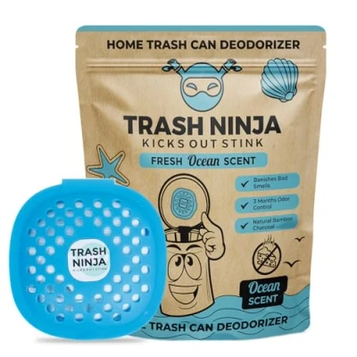 Image of Trash Ninja Bin Freshener Odour Eliminator with Activated Charcoal, Reusable Deodoriser and Freshener, Stick On Air for Bins, Smell a Fresh Ocean Scent