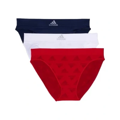 Image of adidas Women&#039;s Seamless Bikini Underwear 3 Pack, Vivid Red W. Logo Jacq/White/Night Indigo, L
