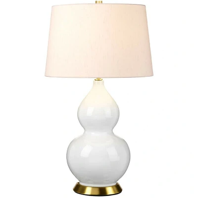 Image of Isla Table Lamp with Round Tapered Shade, Aged Brass, White, Pink