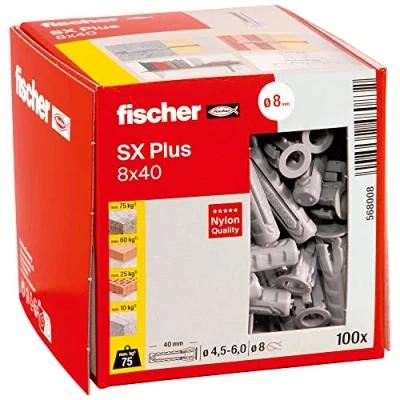 Image of fischer 568008 SX Plus Expansion Wall Plug, 8mm x 40mm, Pack of 100