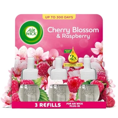 Image of Air Wick Cherry Blossom &amp; Raspberry Liquid Electrical Triple Refill 19ml, Lasts for up to 100 days per refill, Freshener