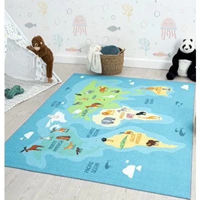 Image of the carpet Happy Life Children&#039;s Room Rug Play Mat Washable World Map Earth Animals Blue 80 x 150 cm