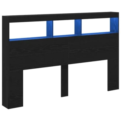Image of vidaXL Headboard Cabinet with LED Modern Black Oak Engineered Wood Freestanding Bedroom Storage 160x17x102 cm