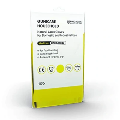 Image of Unigloves Unicare Household Power Free Reusable Latex Gloves, 1 Pair, Yellow, Medium (UCHG3003Y)