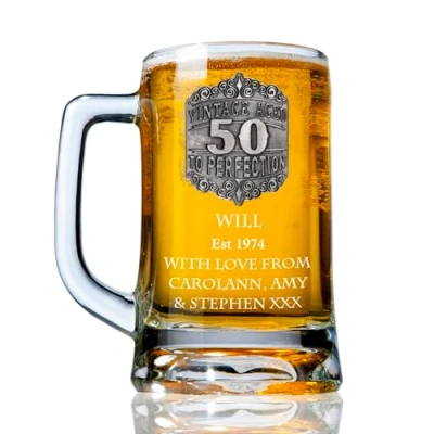 Image of De Walden Boy’s 50th Birthday Personalised Pewter Vintage Feature Beer Glass Tankard 50 Gift Idea
