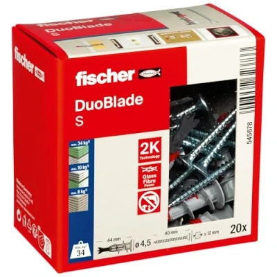 Image of fischer DuoBlade S LD, self drilling plasterboard plug with chipboard screw, strong for fast and easy installation in gypsum fibre board, metal tip, 20 plugs + screws