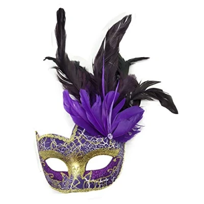 Image of Coolwife Costume Mask Feather Masquerade Halloween Mardi Gras Cosplay Party Masque (Crack Purple)