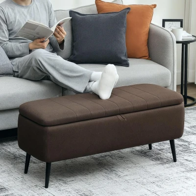 Image of HOMCOM Storage Ottoman with Flip Top, Rectangular Upholstered Bench, Linen Fabric Footstool Steel Legs for Living Room, Bedroom, Dark Brown